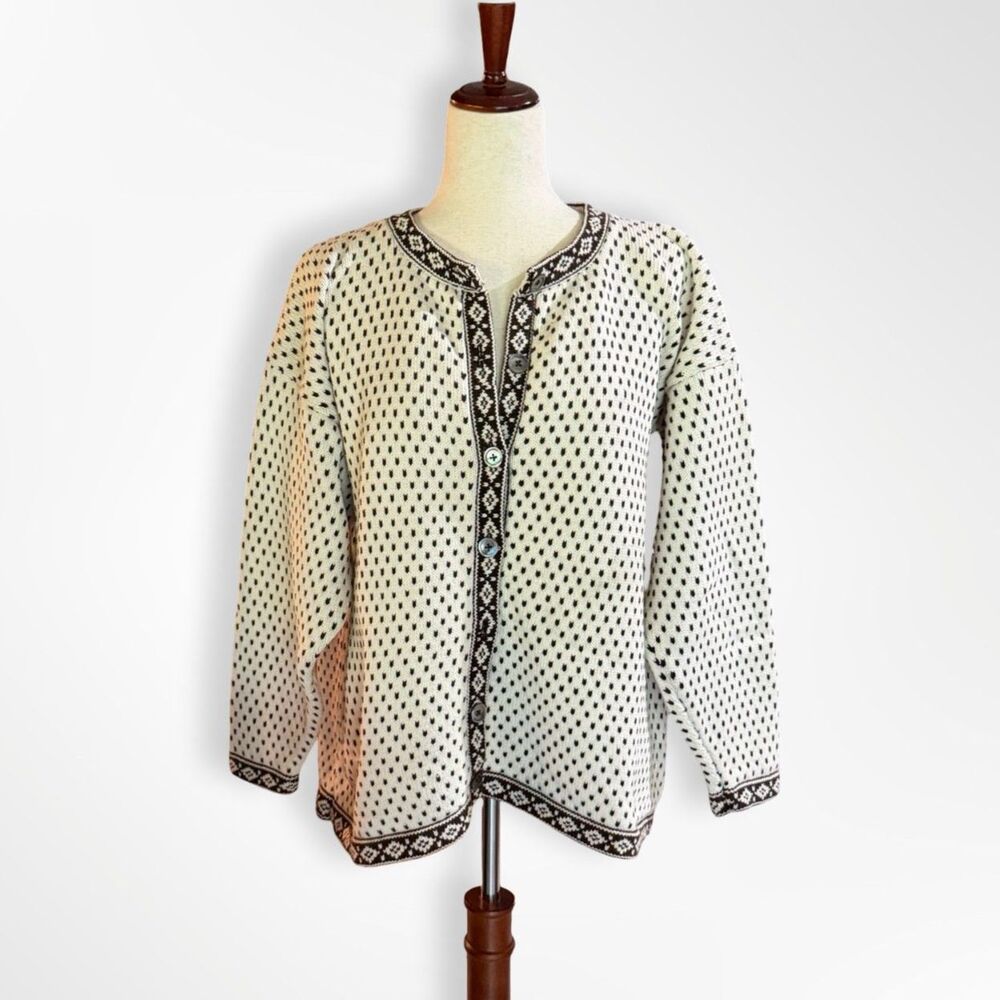 Alcott & Andrews, VTG 80s Cream Nordic Pattern Button Cotton Cardigan Sweater, L